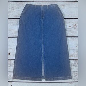 Y2K Modest Maxi Denim Skirt 14 Straight Slit Workwear Cottagecore 31W 36L Vtg